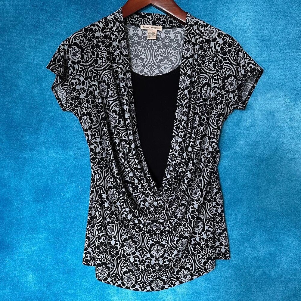 Susan Lawrence Deep Plunge Top, Black & Grey, L